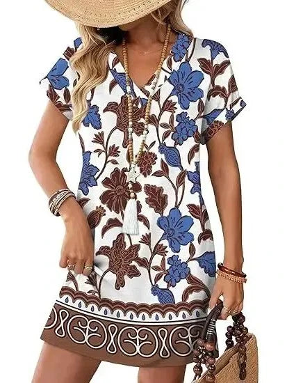 Women's Casual Boho Print Shift Short Sleeve Mini Dress