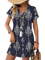 Women's Casual Boho Print Shift Short Sleeve Mini Dress