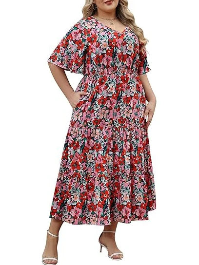 Boho Casual Printed Empire Waist Plus Size Midi Dress