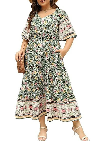 Boho Casual Printed Empire Waist Plus Size Midi Dress
