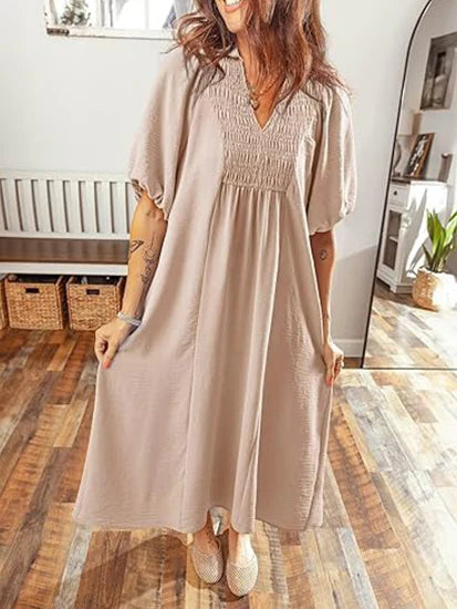 Women's Casual V-Neck Puff Sleeve Maxi Dress