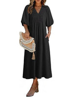 Women's Casual V-Neck Puff Sleeve Maxi Dress