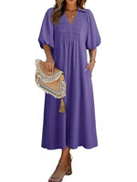Women's Casual V-Neck Puff Sleeve Maxi Dress
