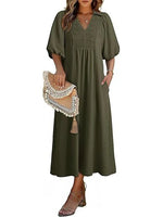 Women's Casual V-Neck Puff Sleeve Maxi Dress