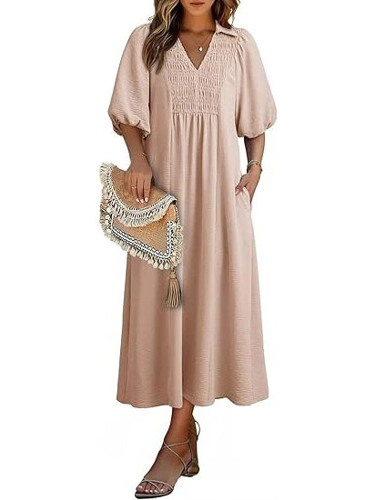 Women's Casual V-Neck Puff Sleeve Maxi Dress