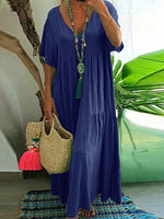 Women’s Boho V-Neck Tiered Short Sleeve Flowy Maxi Dress