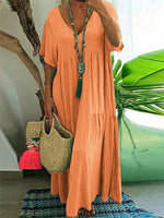 Women’s Boho V-Neck Tiered Short Sleeve Flowy Maxi Dress