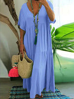 Women’s Boho V-Neck Tiered Short Sleeve Flowy Maxi Dress