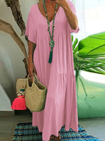 Women’s Boho V-Neck Tiered Short Sleeve Flowy Maxi Dress