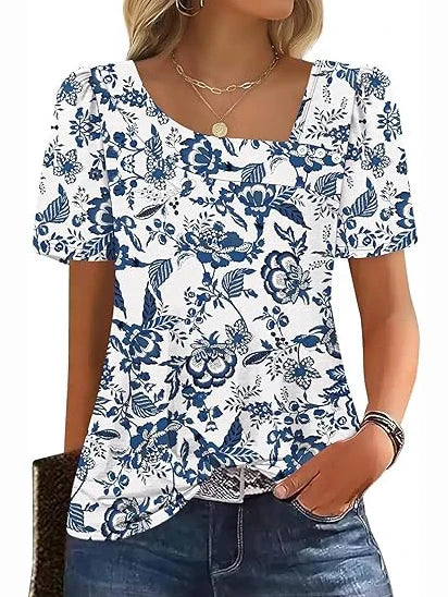 Women’s Asymmetrical Square Neck Casual Short Sleeve Blouse