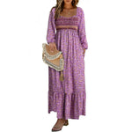 DOKOTOO Women Boho Floral Square Neck Smocked Empire Waist Long Sleeve Flowy Ruffle Hem Beach Maxi Sundress