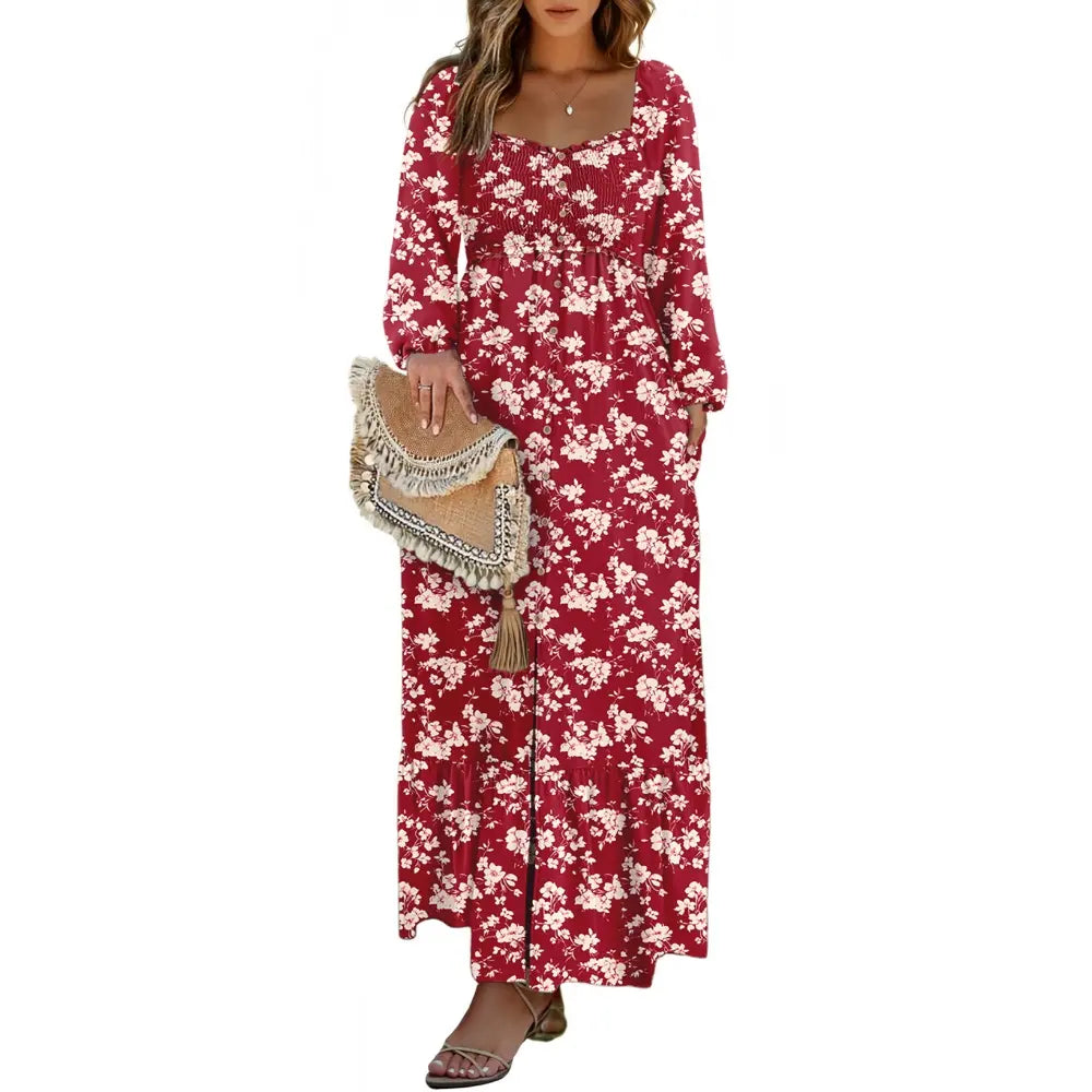 DOKOTOO Women Boho Floral Square Neck Smocked Empire Waist Long Sleeve Flowy Ruffle Hem Beach Maxi Sundress