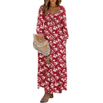 DOKOTOO Women Boho Floral Square Neck Smocked Empire Waist Long Sleeve Flowy Ruffle Hem Beach Maxi Sundress