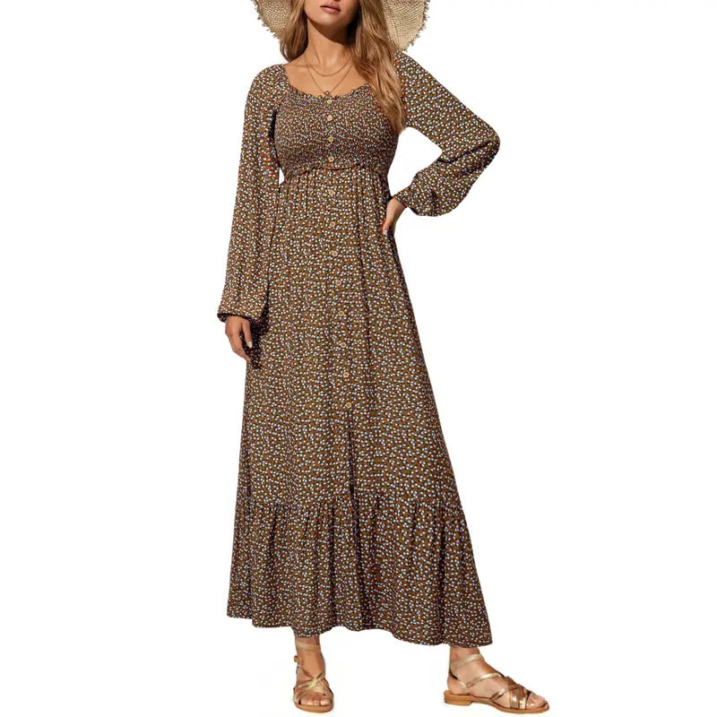 DOKOTOO Women Boho Floral Square Neck Smocked Empire Waist Long Sleeve Flowy Ruffle Hem Beach Maxi Sundress