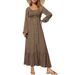 DOKOTOO Women Boho Floral Square Neck Smocked Empire Waist Long Sleeve Flowy Ruffle Hem Beach Maxi Sundress