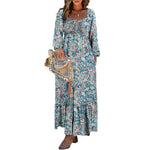DOKOTOO Women Boho Floral Square Neck Smocked Empire Waist Long Sleeve Flowy Ruffle Hem Beach Maxi Sundress