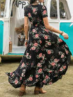 Women's Boho Floral Print V Neck Short Sleeve Button Front Split Thigh Shirred Waist Ruffle Hem Long Maxi Summer Dress For Holiday Beach Daily Wear