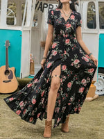 Women's Boho Floral Print V Neck Short Sleeve Button Front Split Thigh Shirred Waist Ruffle Hem Long Maxi Summer Dress For Holiday Beach Daily Wear