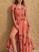 Women's Boho Floral Print V Neck Short Sleeve Button Front Split Thigh Shirred Waist Ruffle Hem Long Maxi Summer Dress For Holiday Beach Daily Wear