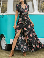 Women's Boho Floral Print V Neck Short Sleeve Button Front Split Thigh Shirred Waist Ruffle Hem Long Maxi Summer Dress For Holiday Beach Daily Wear