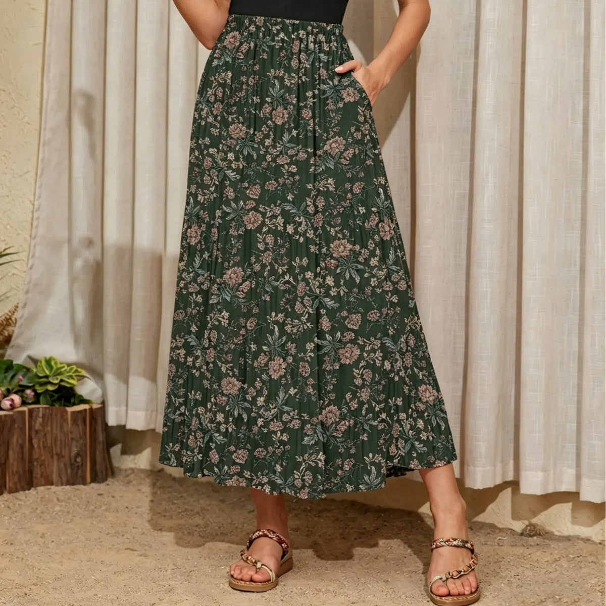 Women's High Waisted Elastic Chiffon Tiered Pleated Maxi Skirt Boho Long Skirt with Side Pockets Solid & Floral Print Summer Bottom Outfits