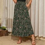 Women's High Waisted Elastic Chiffon Tiered Pleated Maxi Skirt Boho Long Skirt with Side Pockets Solid & Floral Print Summer Bottom Outfits