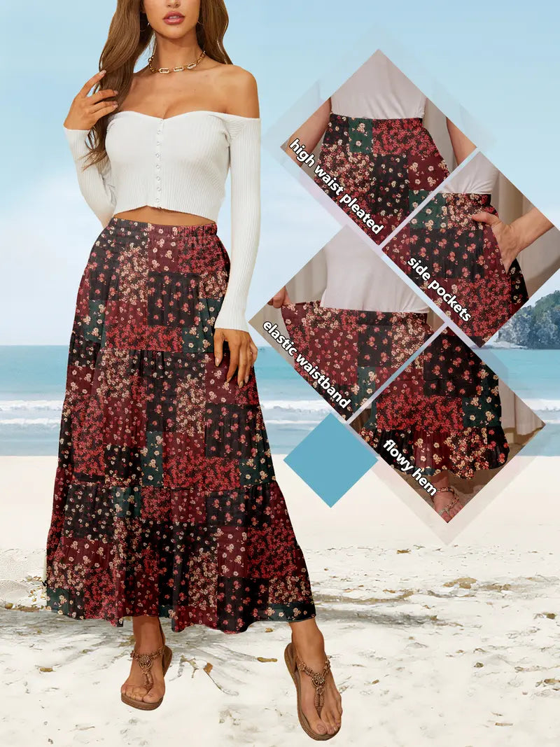 Women's High Waisted Elastic Chiffon Tiered Pleated Maxi Skirt Boho Long Skirt with Side Pockets Solid & Floral Print Summer Bottom Outfits