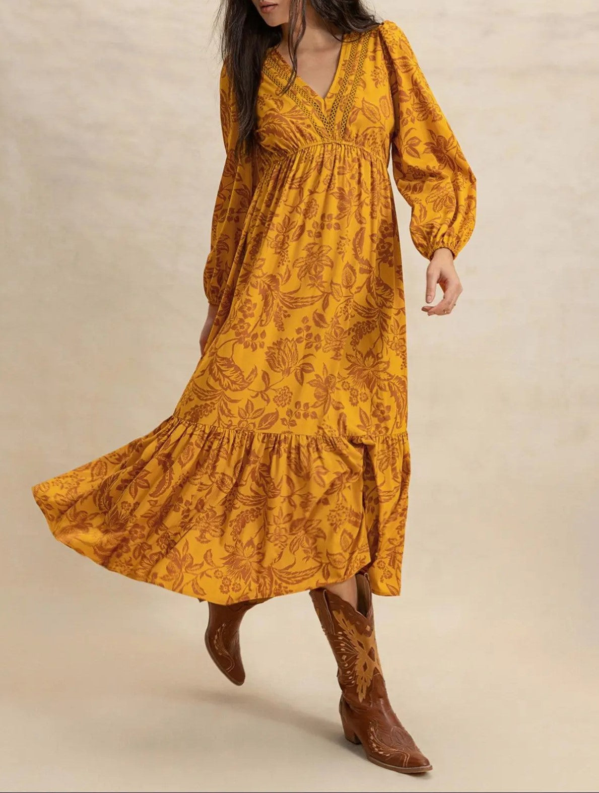 Women's Floral Print Contrast Lace V Neck Bishop Long Sleeve Ruffle Hem Boho Chic Flowy Midi Dress For Vacation All Seasons Wear
