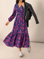 Women's Floral Print Contrast Lace V Neck Bishop Long Sleeve Ruffle Hem Boho Chic Flowy Midi Dress For Vacation All Seasons Wear