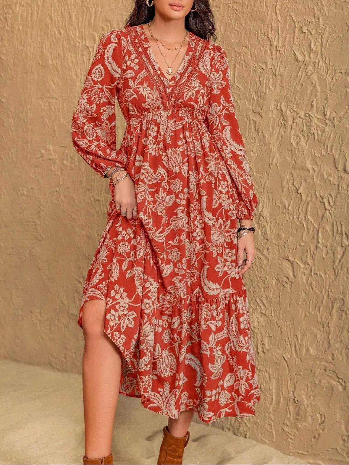 Women's Floral Print Contrast Lace V Neck Bishop Long Sleeve Ruffle Hem Boho Chic Flowy Midi Dress For Vacation All Seasons Wear