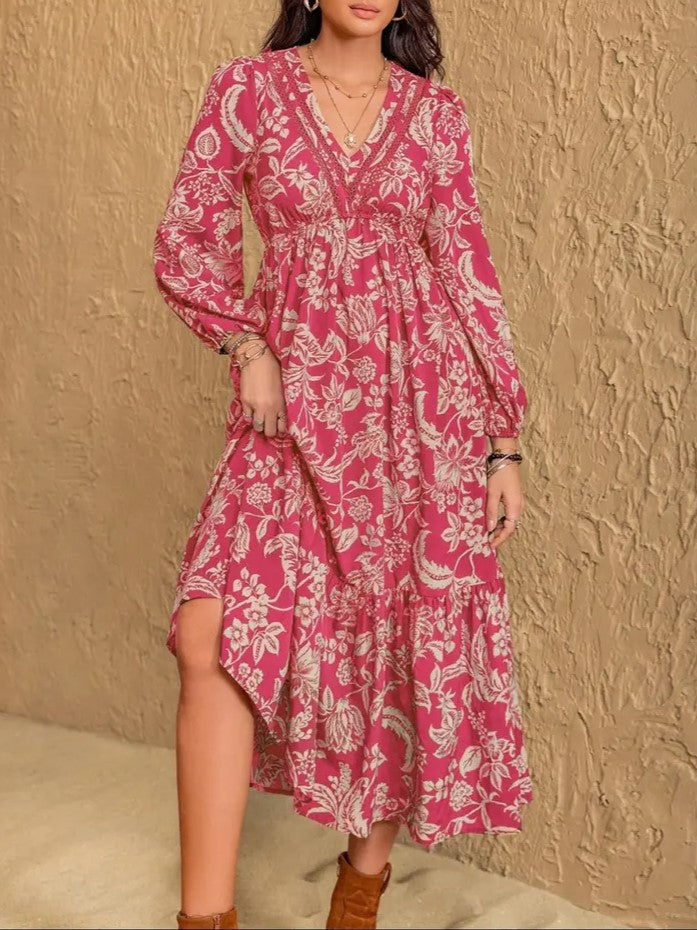 Women's Floral Print Contrast Lace V Neck Bishop Long Sleeve Ruffle Hem Boho Chic Flowy Midi Dress For Vacation All Seasons Wear