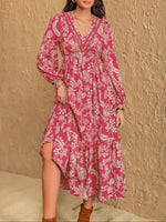 Women's Floral Print Contrast Lace V Neck Bishop Long Sleeve Ruffle Hem Boho Chic Flowy Midi Dress For Vacation All Seasons Wear