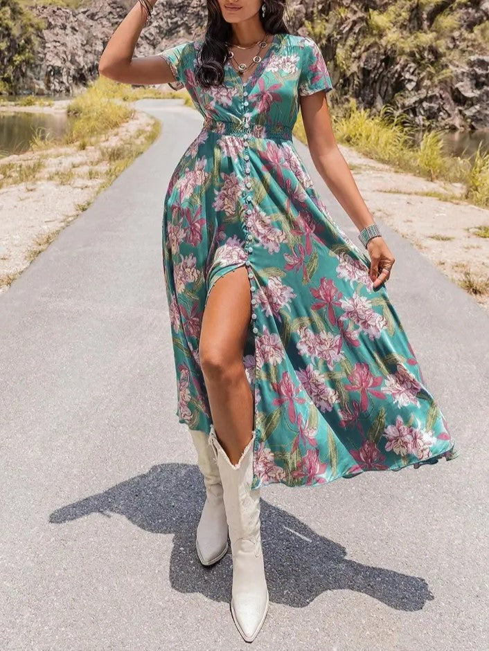 Women's Floral Print V Neck Short Sleeve Button Front Shirred Waist A Line Boho Maxi Dress With Side Pockets Summer Beach Vacation Sundress