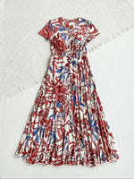 Women's Floral Print V Neck Short Sleeve Button Front Shirred Waist A Line Boho Maxi Dress With Side Pockets Summer Beach Vacation Sundress