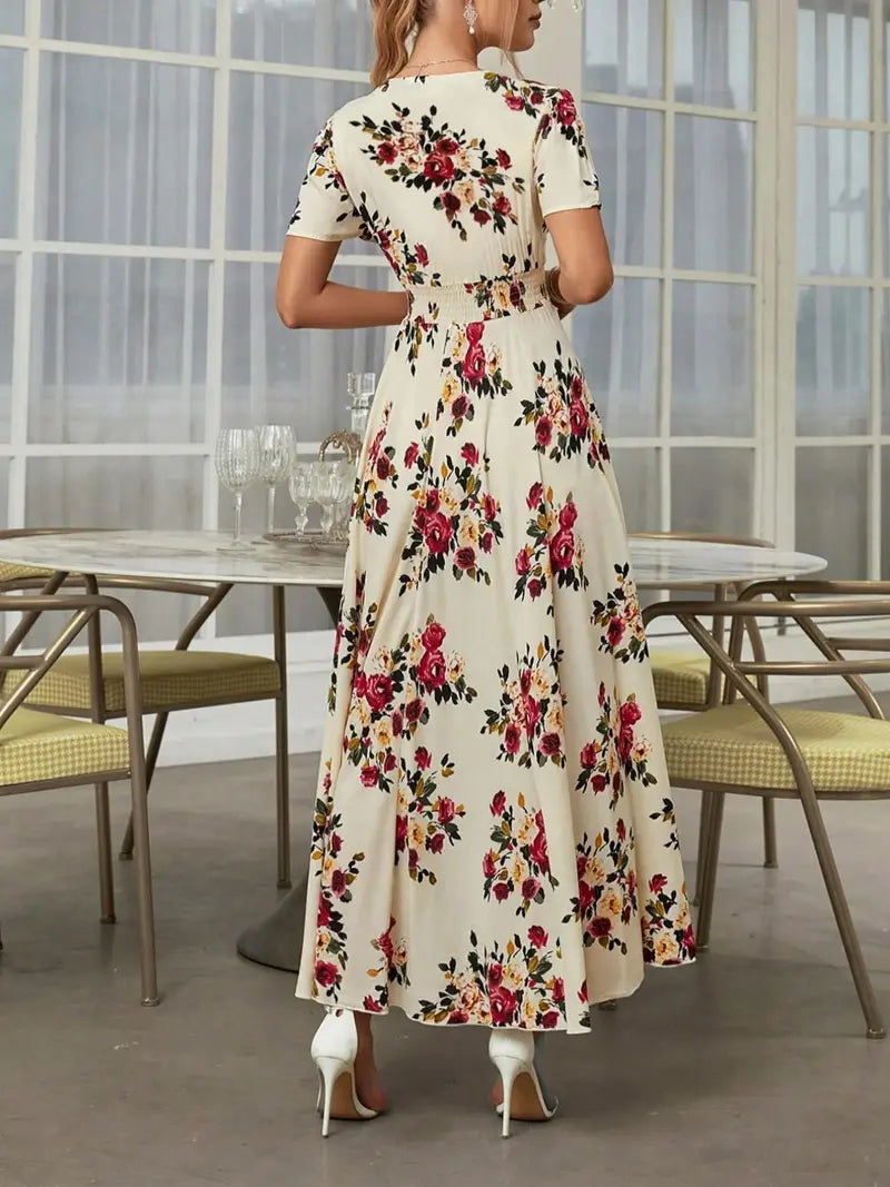Women's French Boho Floral Print V Neck Short Sleeve Button Front Drawstring Waist Flowy Midi Dress Summer Beach Vacation Sundress