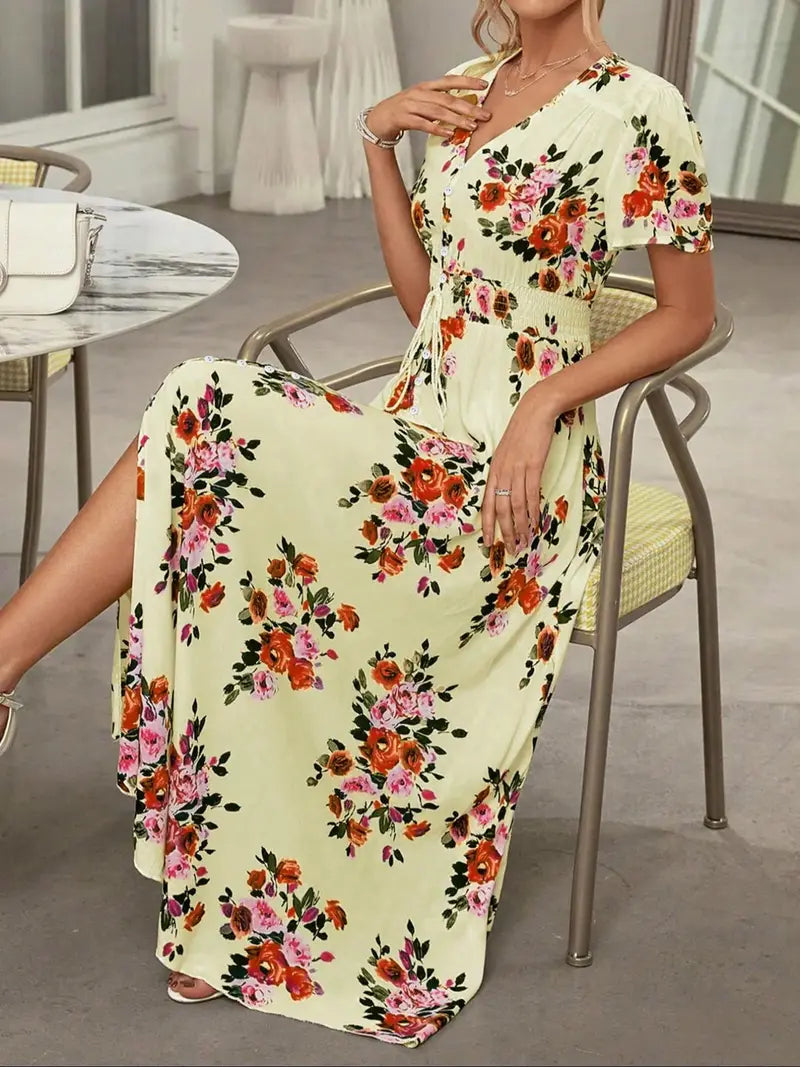 Women's French Boho Floral Print V Neck Short Sleeve Button Front Drawstring Waist Flowy Midi Dress Summer Beach Vacation Sundress