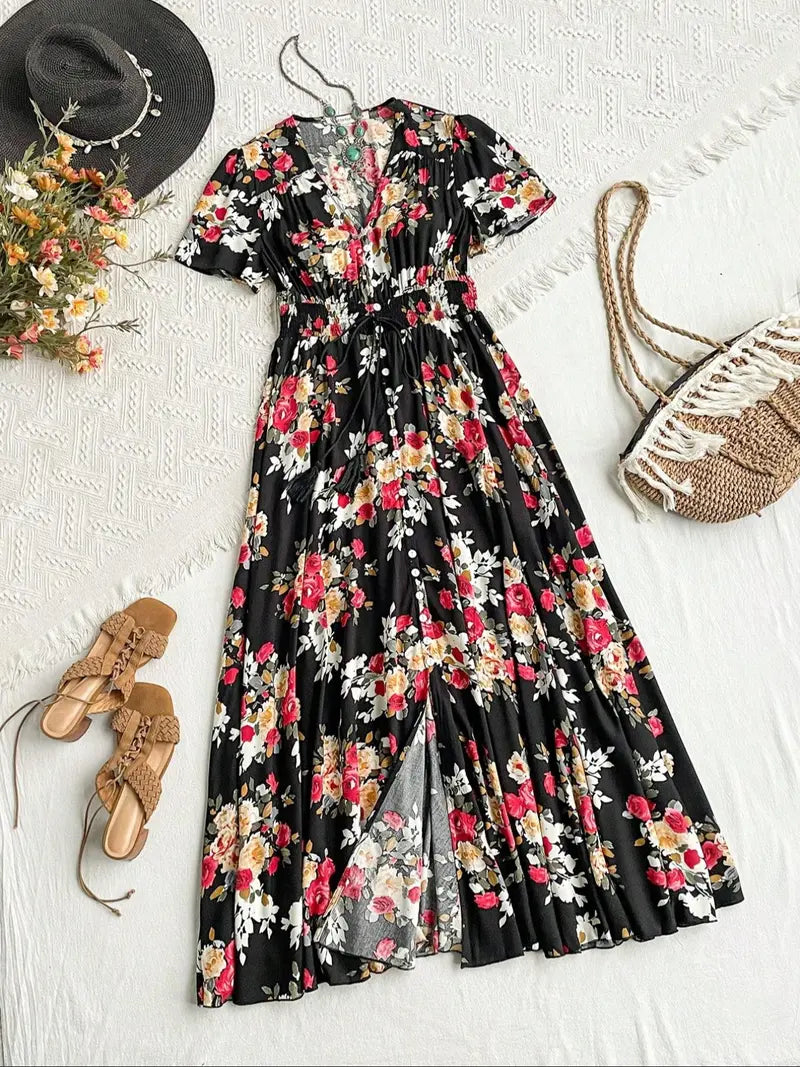 Women's French Boho Floral Print V Neck Short Sleeve Button Front Drawstring Waist Flowy Midi Dress Summer Beach Vacation Sundress