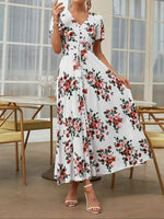 Women's French Boho Floral Print V Neck Short Sleeve Button Front Drawstring Waist Flowy Midi Dress Summer Beach Vacation Sundress
