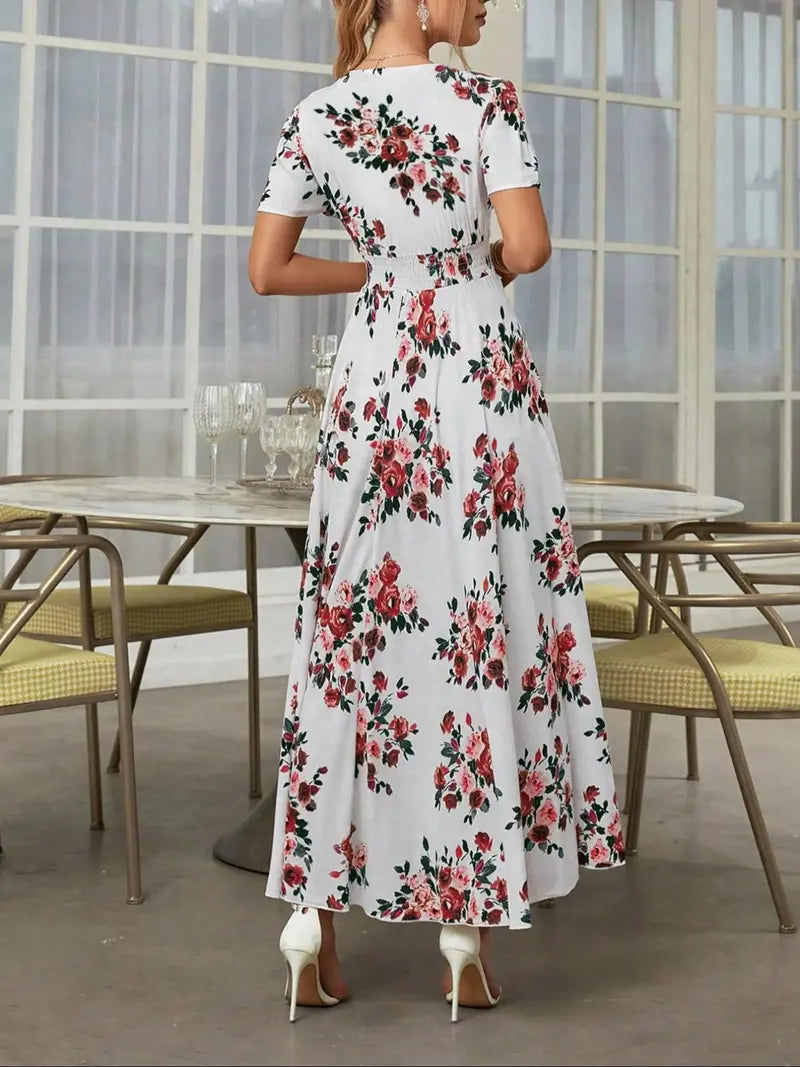Women's French Boho Floral Print V Neck Short Sleeve Button Front Drawstring Waist Flowy Midi Dress Summer Beach Vacation Sundress