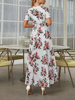 Women's French Boho Floral Print V Neck Short Sleeve Button Front Drawstring Waist Flowy Midi Dress Summer Beach Vacation Sundress
