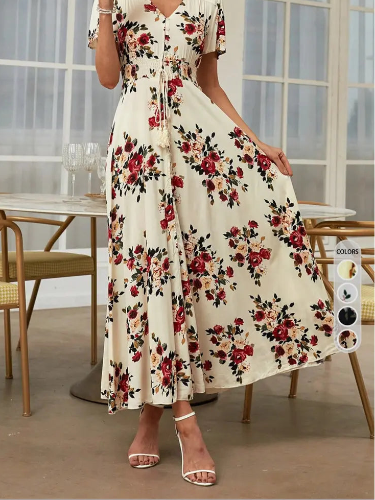 Women's French Boho Floral Print V Neck Short Sleeve Button Front Drawstring Waist Flowy Midi Dress Summer Beach Vacation Sundress