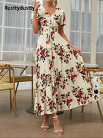 Women's French Boho Floral Print V Neck Short Sleeve Button Front Drawstring Waist Flowy Midi Dress Summer Beach Vacation Sundress