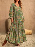 Women's Boho Bohemian Style Long Sleeve Woven Paisley Print Dress with Fitted Waist, Comfortable and Stylish for All Seasons, Perfect for the Beach