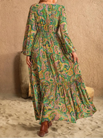 Women's Boho Bohemian Style Long Sleeve Woven Paisley Print Dress with Fitted Waist, Comfortable and Stylish for All Seasons, Perfect for the Beach
