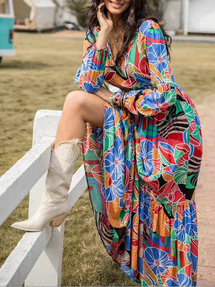 Women's Boho Bohemian Style Long Sleeve Woven Paisley Print Dress with Fitted Waist, Comfortable and Stylish for All Seasons, Perfect for the Beach