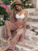 Women's Tribal Pattern Pants Two Piece Set, Bohemian 3/4 Sleeve Open Front Top with Palazzo Pants, Summer Outfits 2026, Beach Outfits Set, Boho 2 Piece Outfits for Women, Fashion Pants Set
