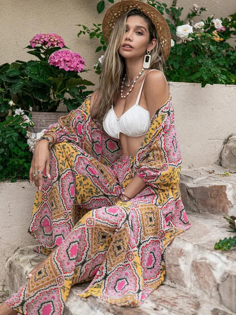 Women's Tribal Pattern Pants Two Piece Set, Bohemian 3/4 Sleeve Open Front Top with Palazzo Pants, Summer Outfits 2026, Beach Outfits Set, Boho 2 Piece Outfits for Women, Fashion Pants Set