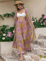 Women's Tribal Pattern Pants Two Piece Set, Bohemian 3/4 Sleeve Open Front Top with Palazzo Pants, Summer Outfits 2026, Beach Outfits Set, Boho 2 Piece Outfits for Women, Fashion Pants Set