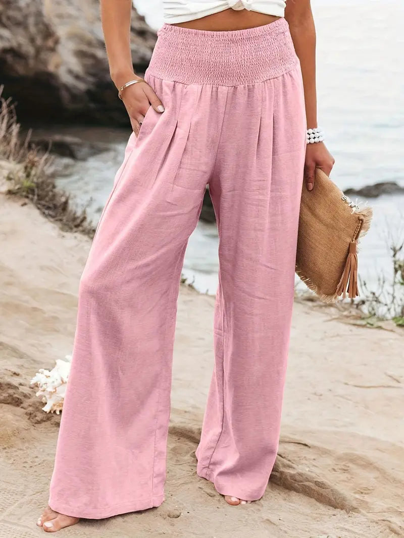 New Spring Summer European Style Women's Casual Comfy Baggy Fit Pants, Retro Vintage Wide Leg Long Pants, Elastic Waist, Solid Pattern, Natural Waist, Womenswear