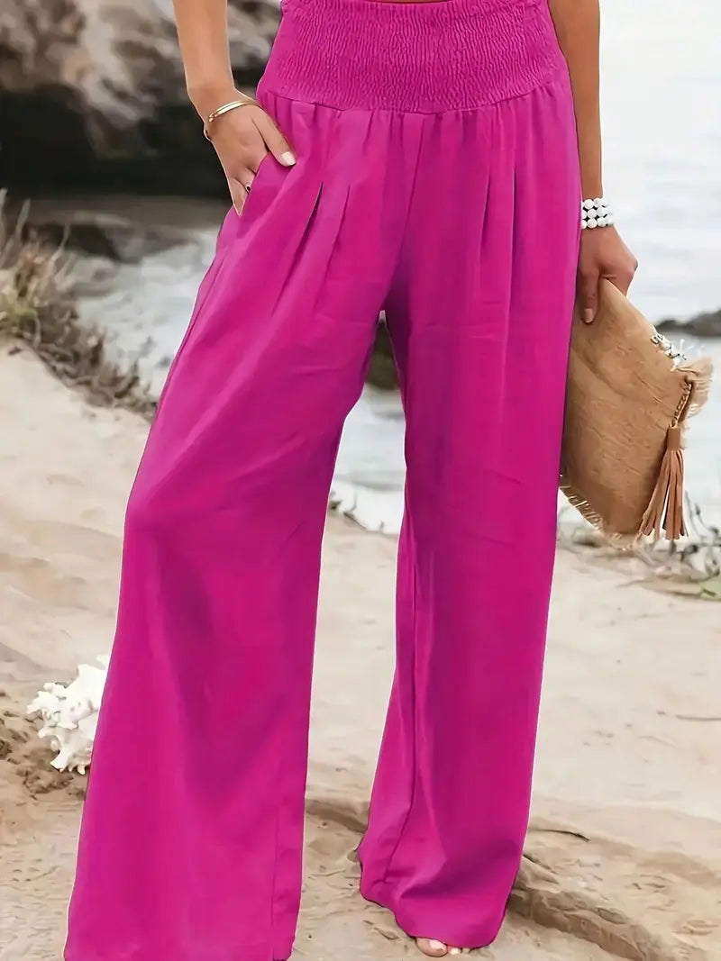 New Spring Summer European Style Women's Casual Comfy Baggy Fit Pants, Retro Vintage Wide Leg Long Pants, Elastic Waist, Solid Pattern, Natural Waist, Womenswear